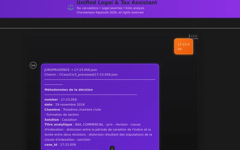 French Legal Chatbot answering a search for a Cour de cassation decision